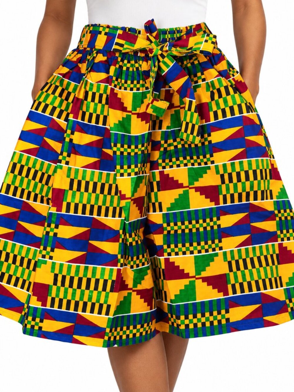 Women's African Kente Skirt - One Size Elastic Waist Knee Length Midi Cotton